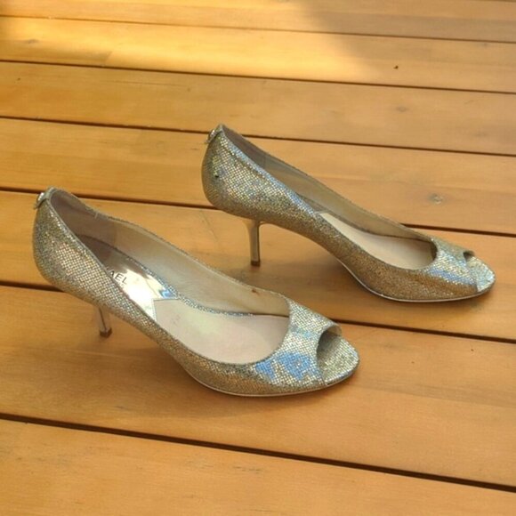 Michael Kors Silver Gold Open Toe Glitter Heels - Size 10 Great Condition - Picture 3 of 7